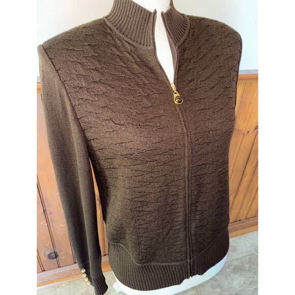 Womens St. John Brown‎ Textured Pique Knit Full Zip Cardigan Sweater Buttons 6 - Picture 5 of 10